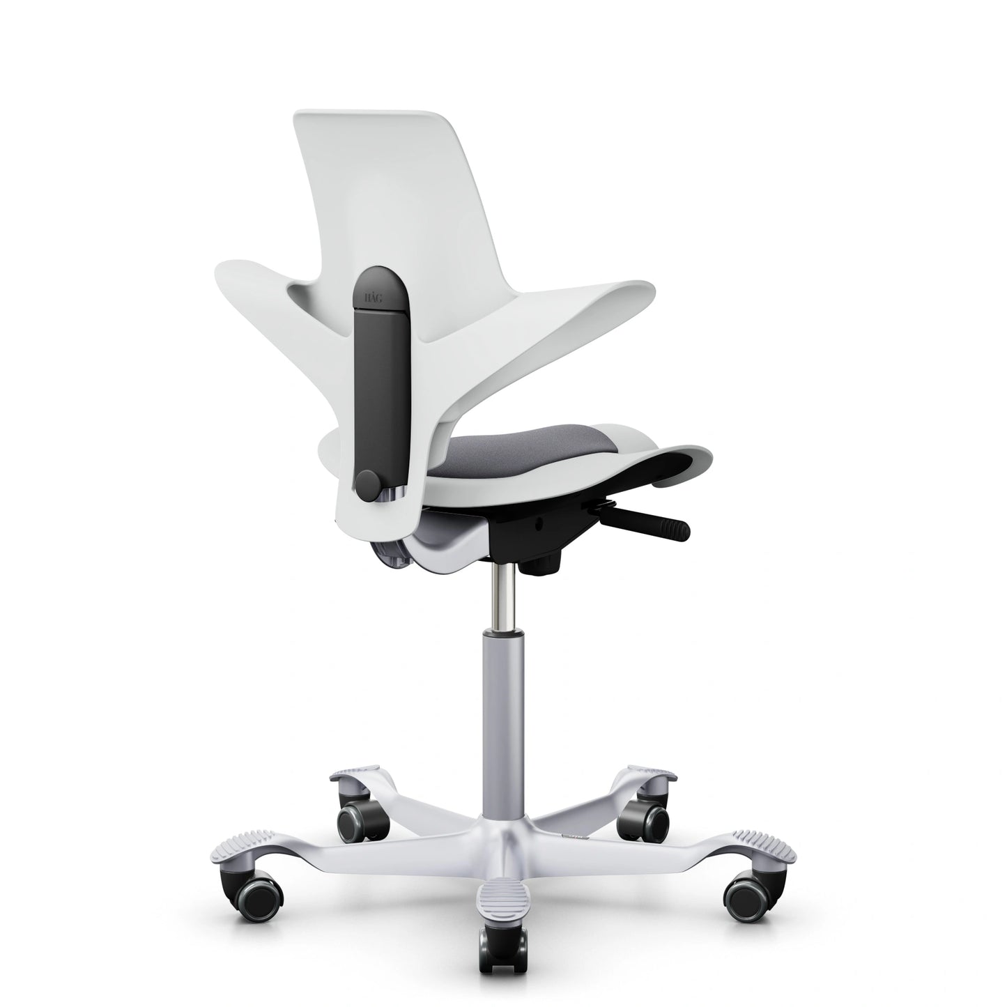 HAG Capisco Puls 8010 - Blanc / EXR081 Grey / Argent / 200 mm / Roulettes pour sols durs (modèle d'exposition)