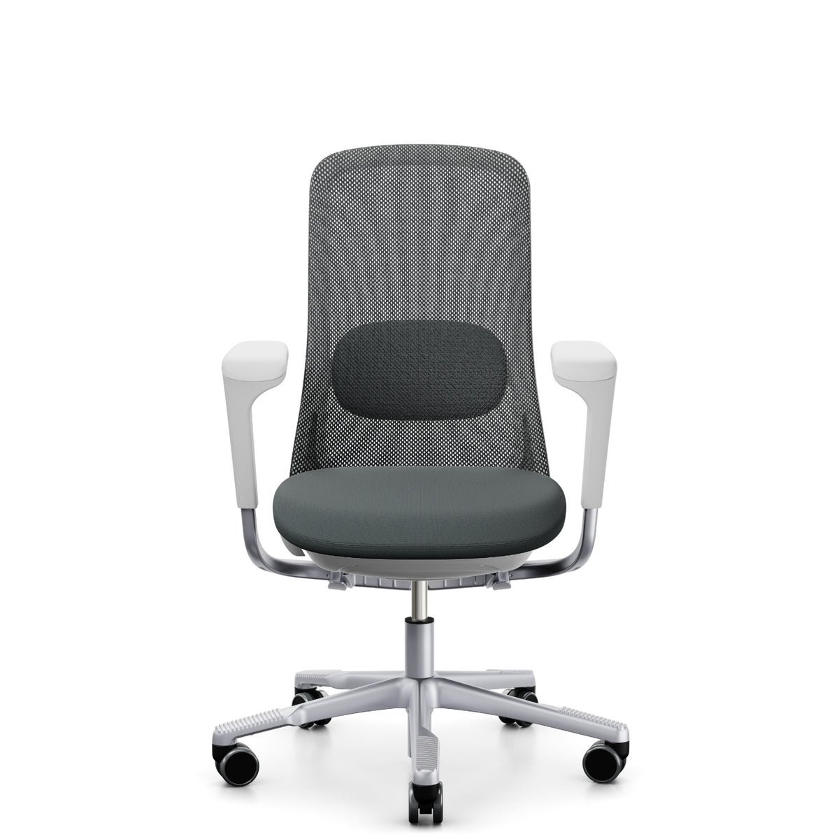 HÅG SoFi Mesh 7502 in grey Cura Loop with silver frame and armrests, front, five-star base with castors