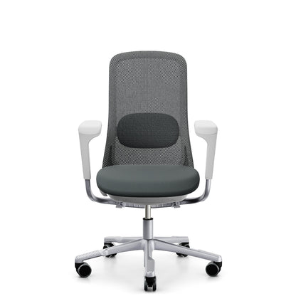 HÅG SoFi Mesh 7502 in grey Cura Loop with silver frame and armrests, front, five-star base with castors