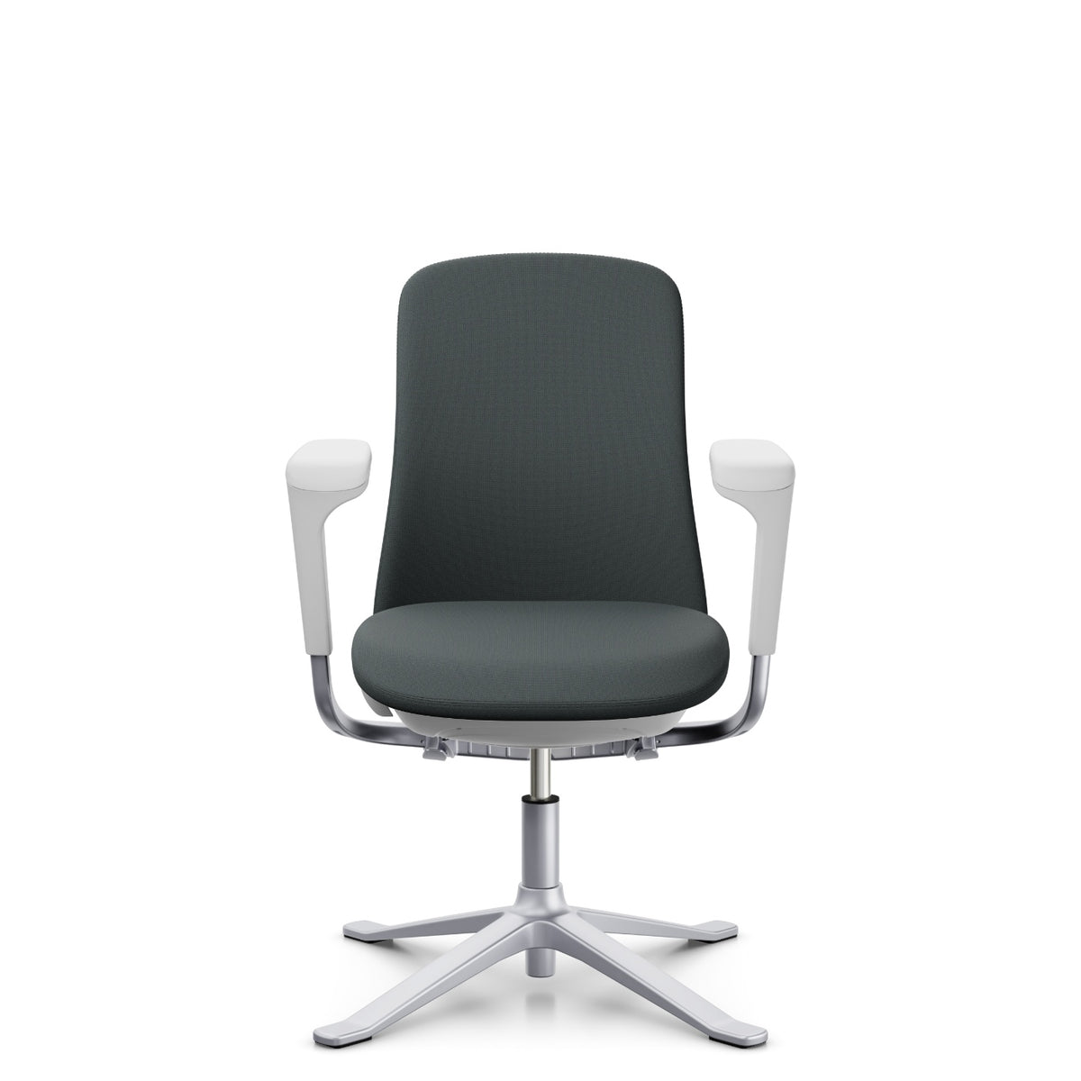 HÅG SoFi Comm 7202 in grey Cura Loop with silver frame and armrests, front, four-star base with glides