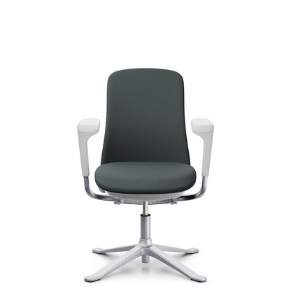 HÅG SoFi Comm 7202 in grey Cura Loop with silver frame and armrests, front, four-star base with glides