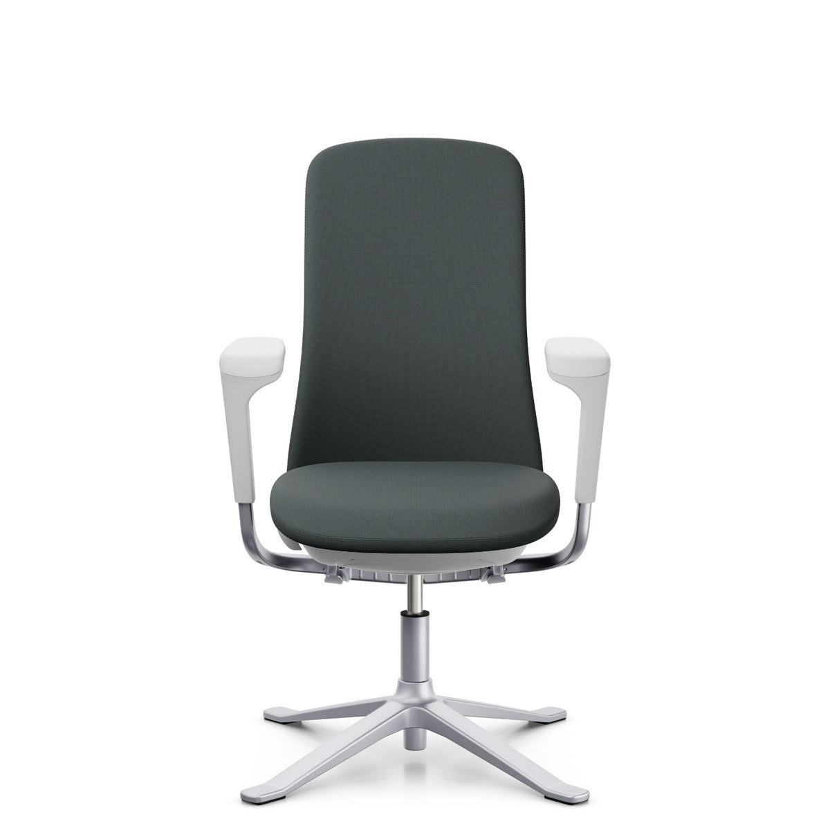 HÅG SoFi Comm 7302 in grey Cura Loop with silver frame and armrests, front, four-star base with glides