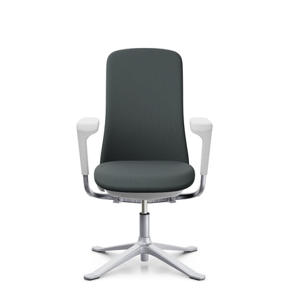 HÅG SoFi Comm 7302 in grey Cura Loop with silver frame and armrests, front, four-star base with glides