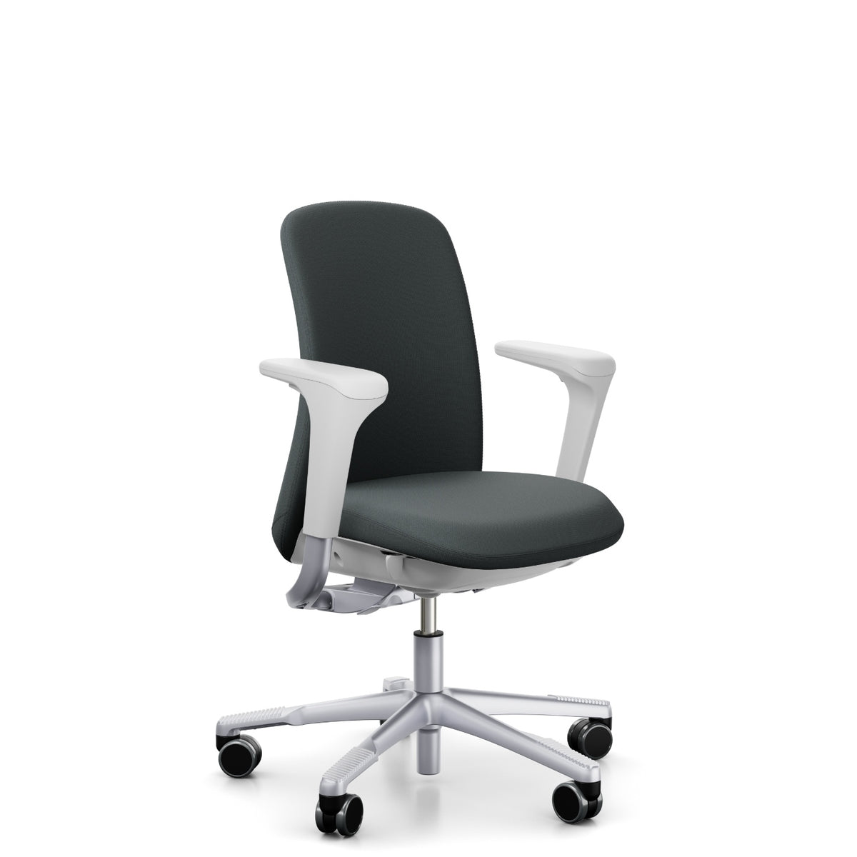 HÅG SoFi 7200 in grey Cura Loop with silver frame and armrests, front left