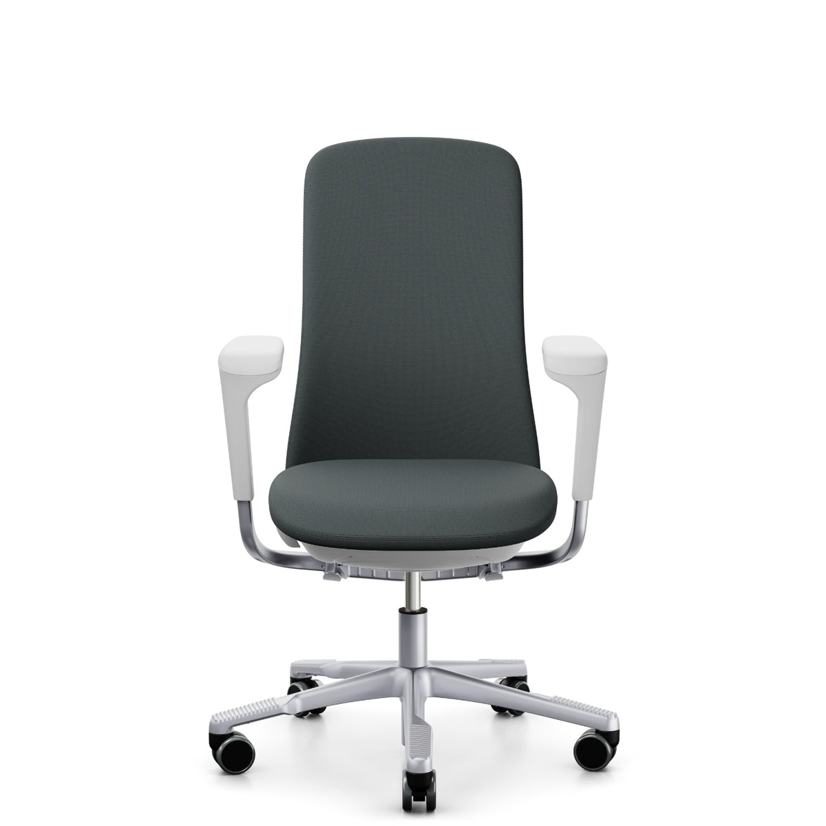 HÅG SoFi Comm 7302 in grey Cura Loop with silver frame and armrests, front, five-star base with castors