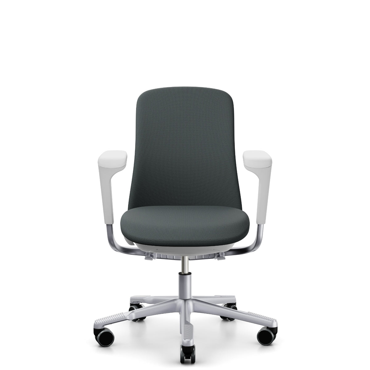 HÅG SoFi Comm 7202 in grey Cura Loop with silver frame and armrests, front, five-star base with castors