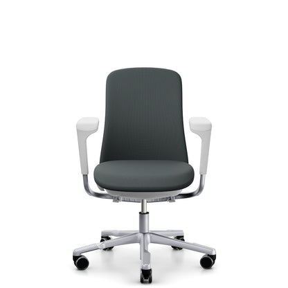 HÅG SoFi Comm 7202 in grey Cura Loop with silver frame and armrests, front, five-star base with castors