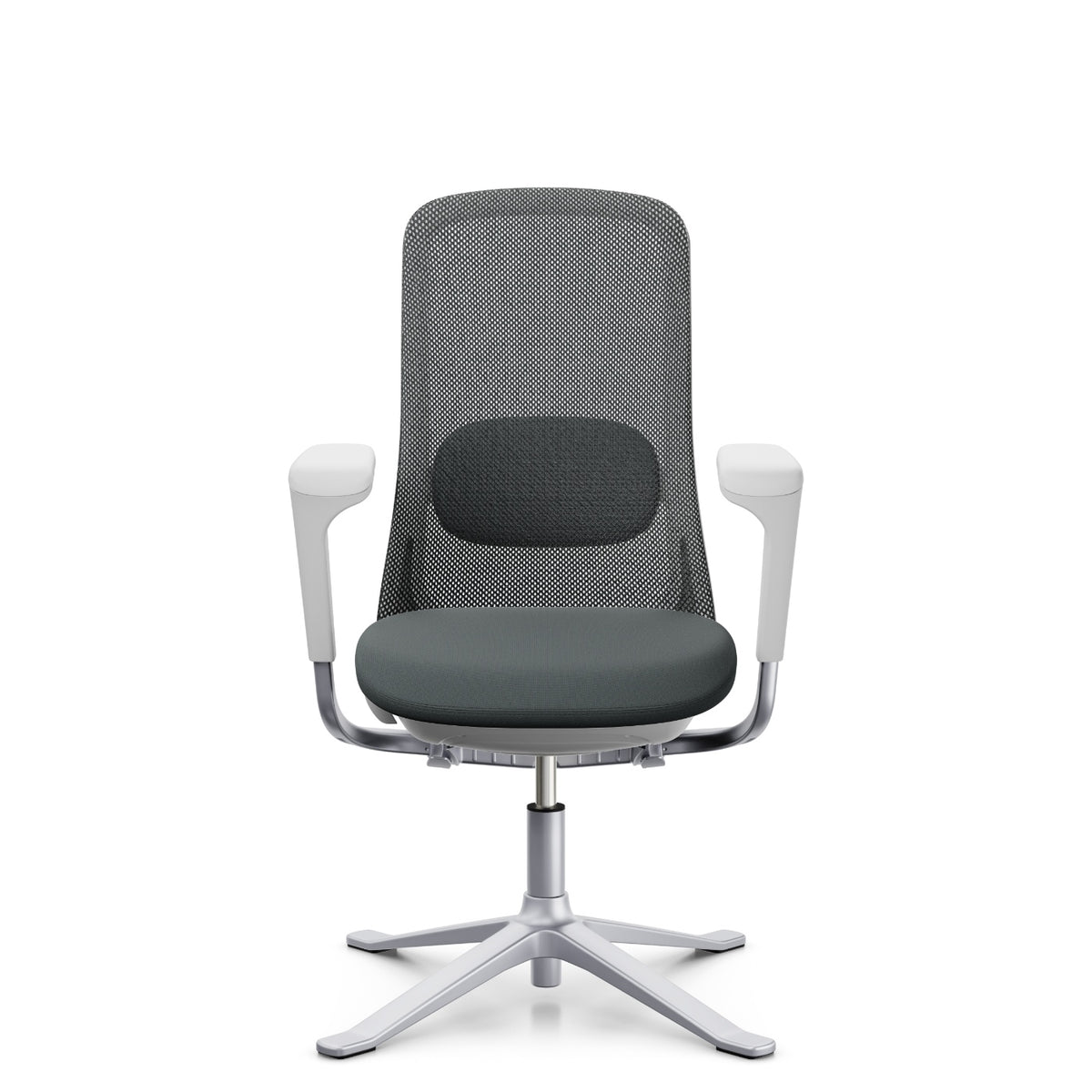 HÅG SoFi Mesh 7502 in grey Cura Loop with silver frame and armrests, front, four-star base with glides
