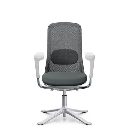 HÅG SoFi Mesh 7502 in grey Cura Loop with silver frame and armrests, front, four-star base with glides