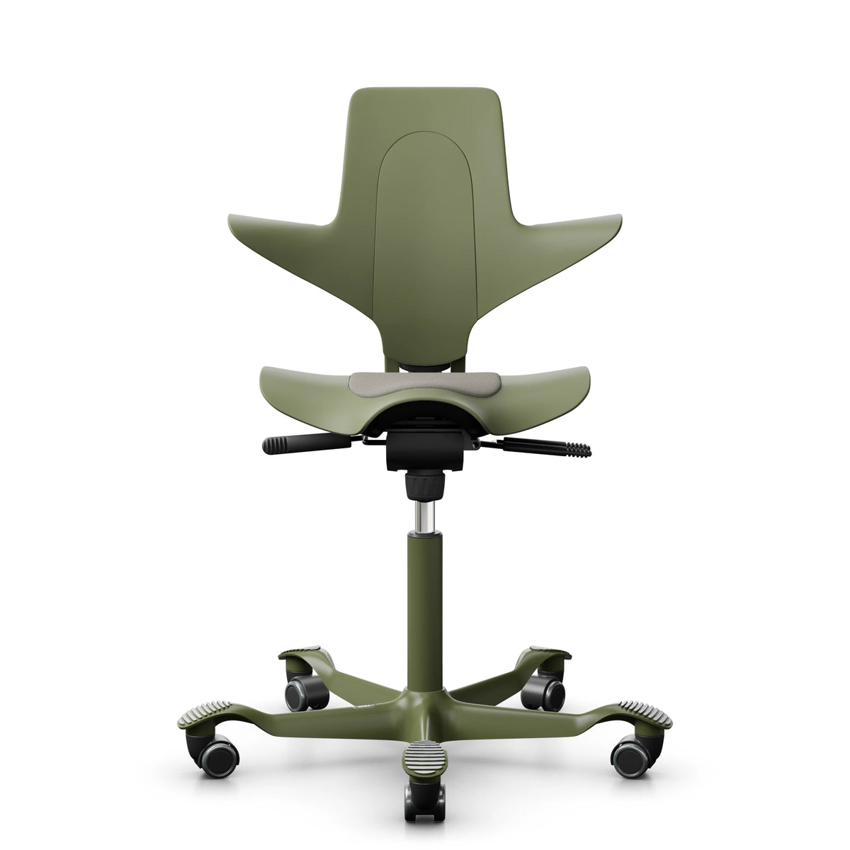 HÅG Capisco Puls 8010 in Moss with CLP61168 Beige-grey and a Moss Grey frame, front