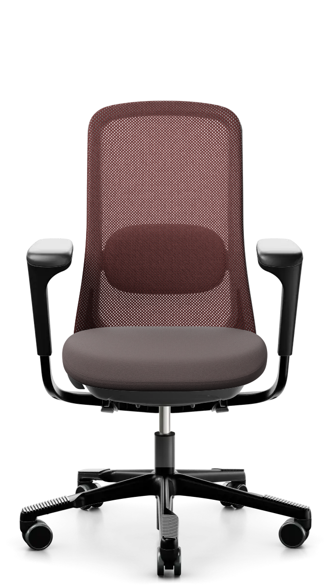 Brown office chair HAG SoFI Mesh 7500 with mesh back and armrests on a white background