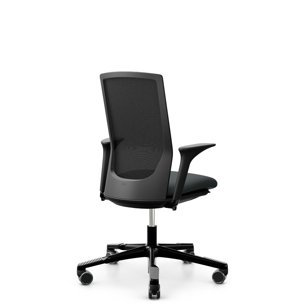HÅG Futu mesh 1100 with grey Cura Loop seat and FutuKnit Night mesh back, black frame, armrests, back view