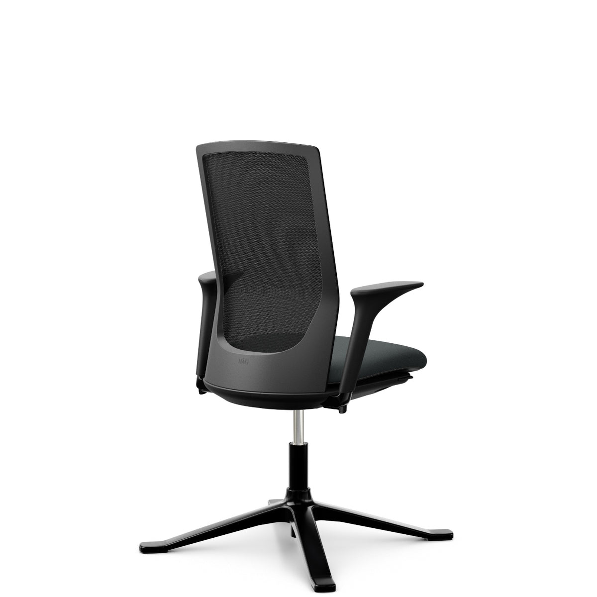 HÅG Futu mesh Comm 1102 with grey Cura Loop seat and FutuKnit Night mesh back, four-star base with glides, armrests, back view