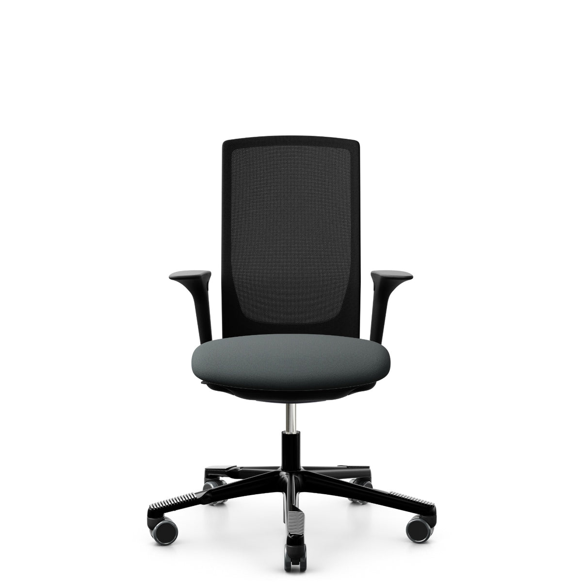 HÅG Futu mesh 1100 with grey Cura Loop seat and FutuKnit Night mesh back, black frame, armrests, front view