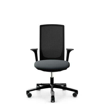 HÅG Futu mesh 1100 with grey Cura Loop seat and FutuKnit Night mesh back, black frame, armrests, front view