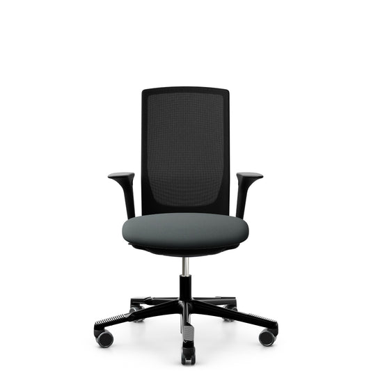 HÅG Futu mesh 1100 with grey Cura Loop seat and FutuKnit Night mesh back, black frame, armrests, front view