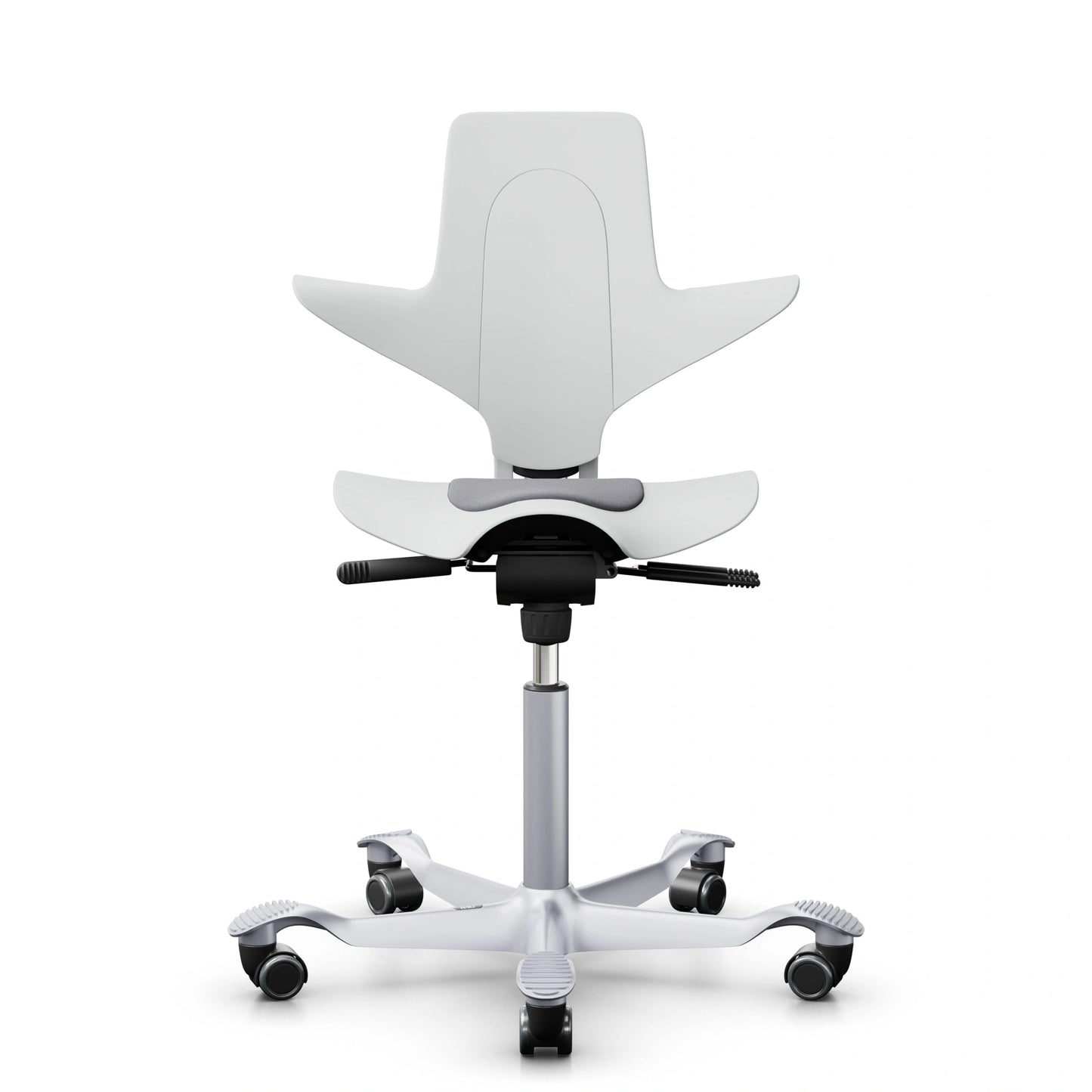 HAG Capisco Puls 8010 - Blanc / EXR081 Grey / Argent / 200 mm / Roulettes pour sols durs (modèle d'exposition)