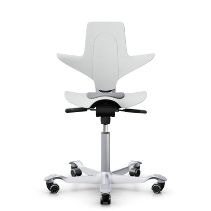 HAG Capisco Puls 8010 - Blanc / EXR081 Grey / Argent / 200 mm / Roulettes pour sols durs (modèle d'exposition)