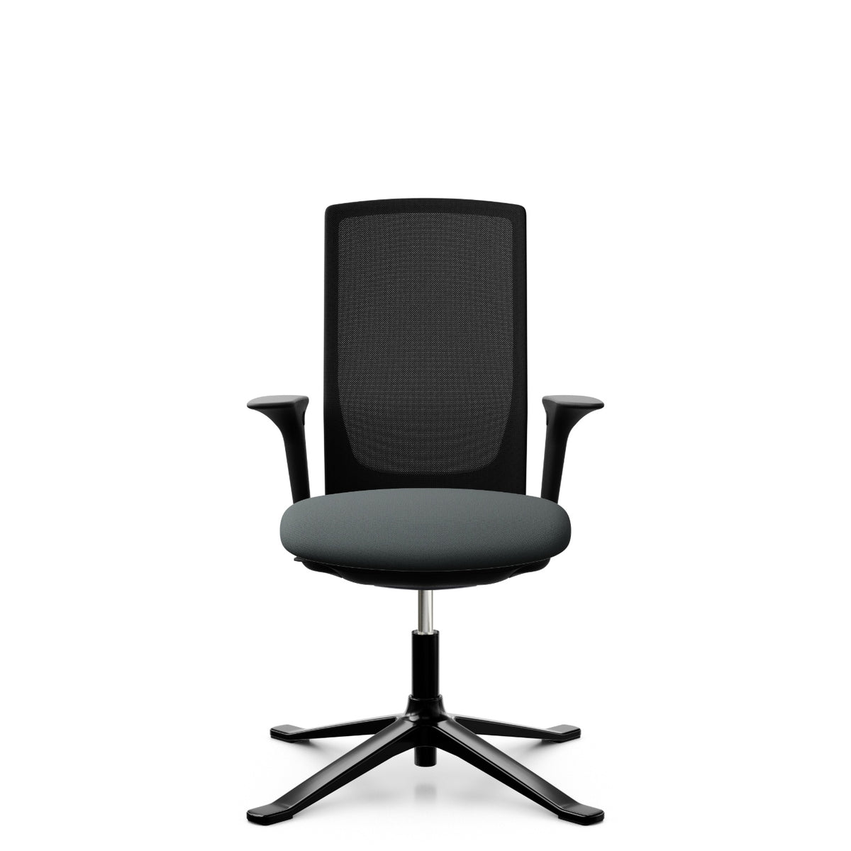 HÅG Futu mesh Comm 1102 with grey Cura Loop seat and FutuKnit Night mesh back, four-star base with glides, armrests, front view