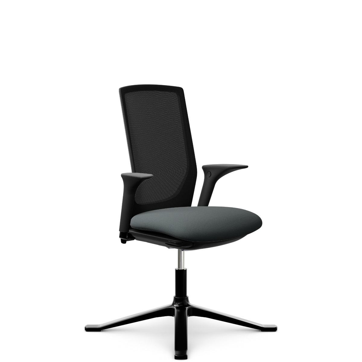 HÅG Futu mesh Comm 1102 with grey Cura Loop seat and FutuKnit Night mesh back, four-star base with glides, armrests, front-left view