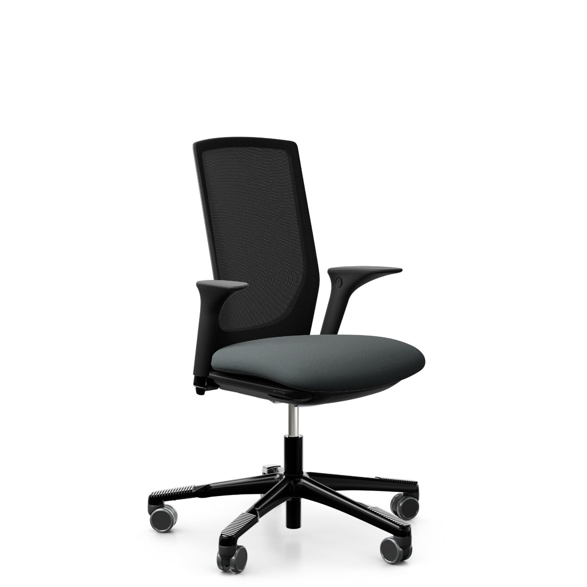 HÅG Futu mesh 1100 with grey Cura Loop seat and FutuKnit Night mesh back, black frame, armrests, front-left view