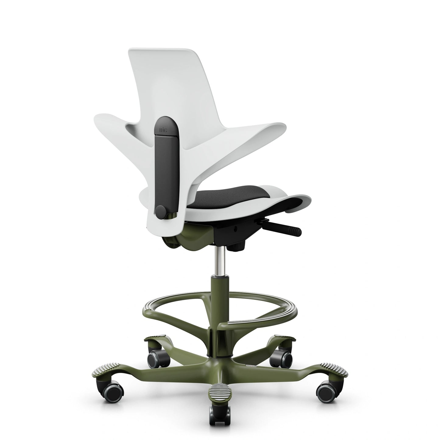 HAG Capisco Puls 8010 - White / SC60999 Black / Moss Grey / 265 mm / Wheels for hard floor / Footring (Showroom Model)