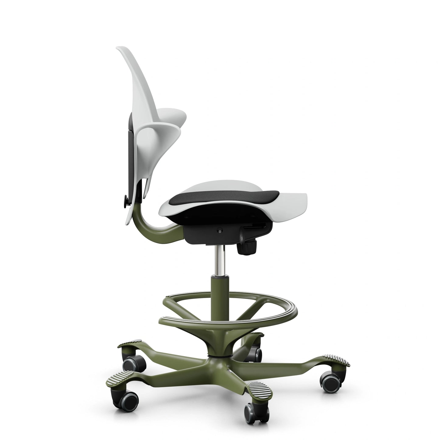 HAG Capisco Puls 8010 - White / SC60999 Black / Moss Grey / 265 mm / Wheels for hard floor / Footring (Showroom Model)